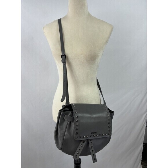 DKNY Crossbody Bag Grey Leather Studs Studded Adjustable Strap - Picture 4 of 15
